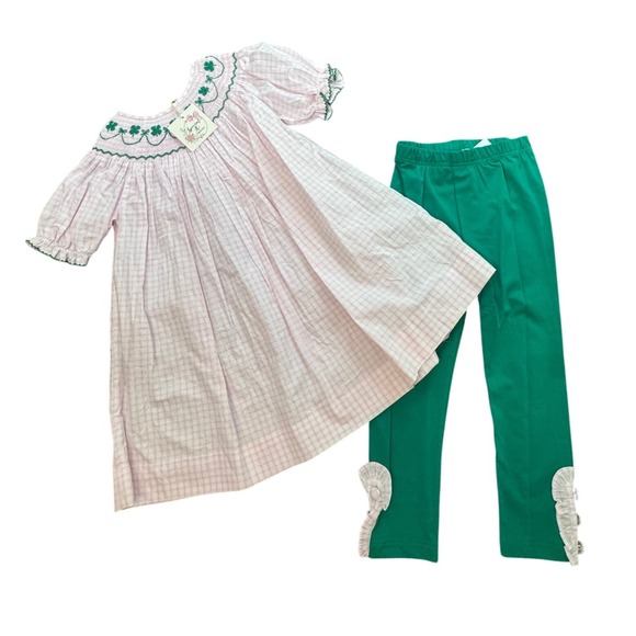 Special K Smocks Other - Special K Smocks Girls St Patricks Day Shamrock Gingham Dress Leggings Set 6 NEW